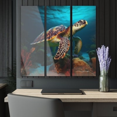 Hawaiian | Green Sea Turtle | Honu | Wildlife | Panoramic | Closeup | Tripytch | 3 Panel