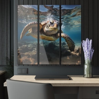 Hawaiian | Green Sea Turtle | Honu | Wildlife | Panoramic | Closeup | Tripytch | 3 Panel