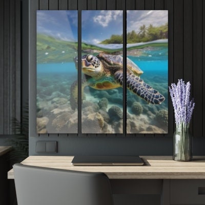 Hawaiian | Green Sea Turtle | Honu | Wildlife | Panoramic | Closeup | Tripytch | 3 Panel